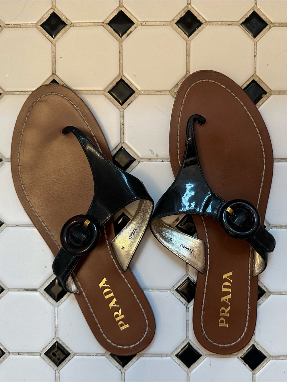 Vintage Prada Black Patent Leather Thong Sandals